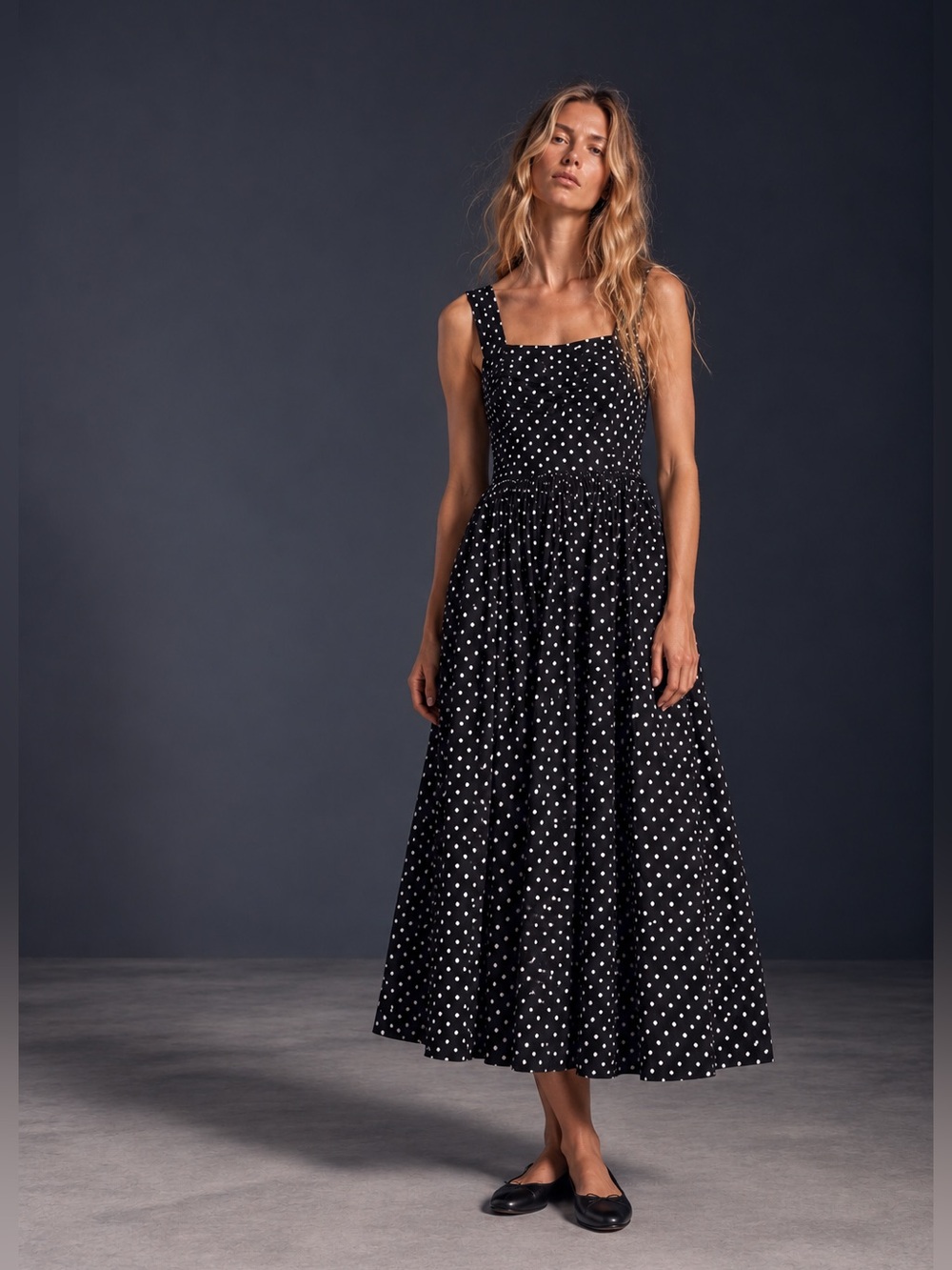 Vintage Leslie Lucks Black White Polka Dot Tie Back Midi Dress